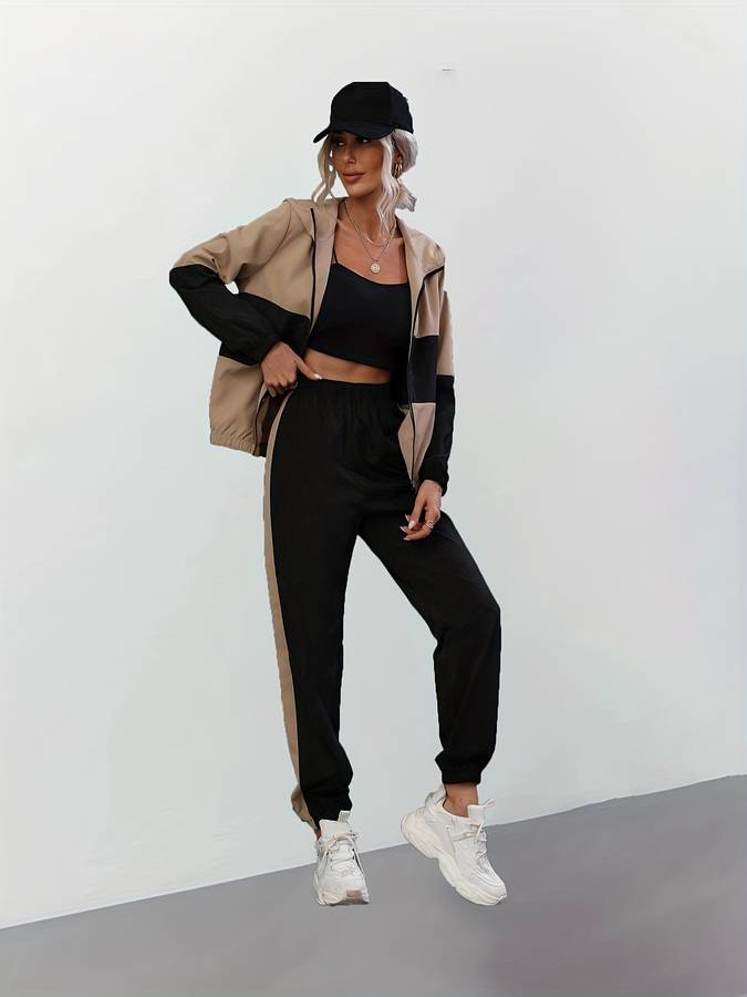 Sandra - Stylish Black Zip Up Two-piece Set for Women