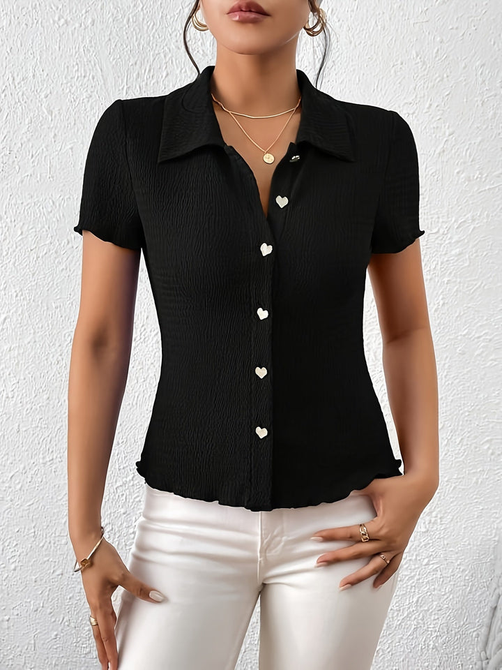 Maya - Stylish Black Blouse with Cute Heart-shaped Buttons for Women