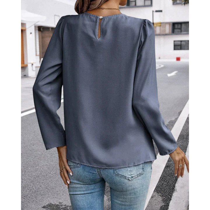 Melody - Elegant Spring Grey Plissé Blouse with Cute Puff Sleeves for Women