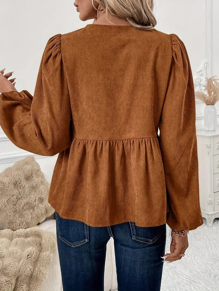 Gianna - Elegant Autumn Blouse in Chic Brown with Tunnel Cord and Puff Sleeves for a Timeless Look
