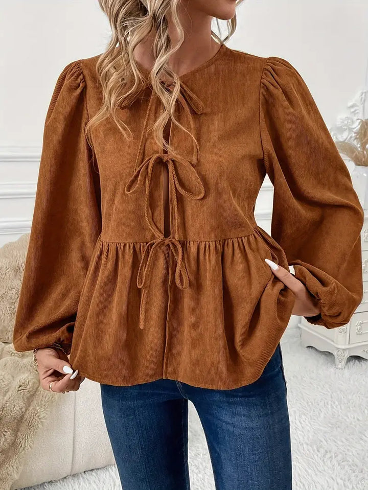 Gianna - Elegant Autumn Blouse in Chic Brown with Tunnel Cord and Puff Sleeves for a Timeless Look