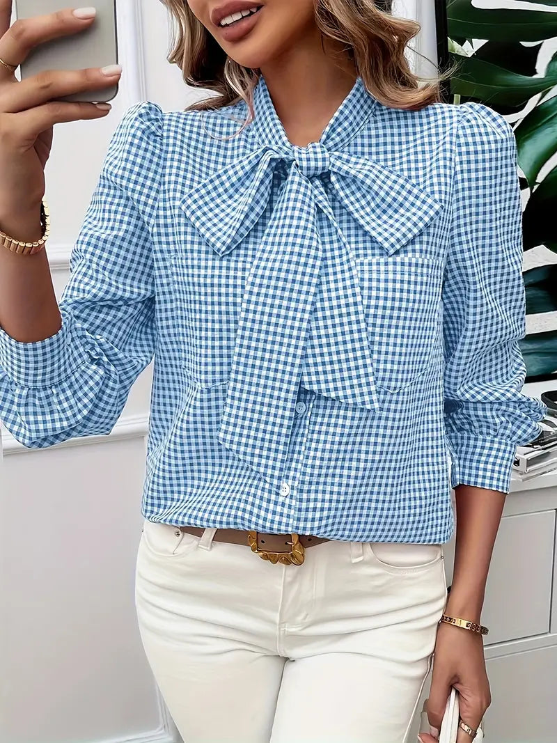 Aurora - Elegant Autumn Blouse with Classic Plaid Pattern and Bow for Women