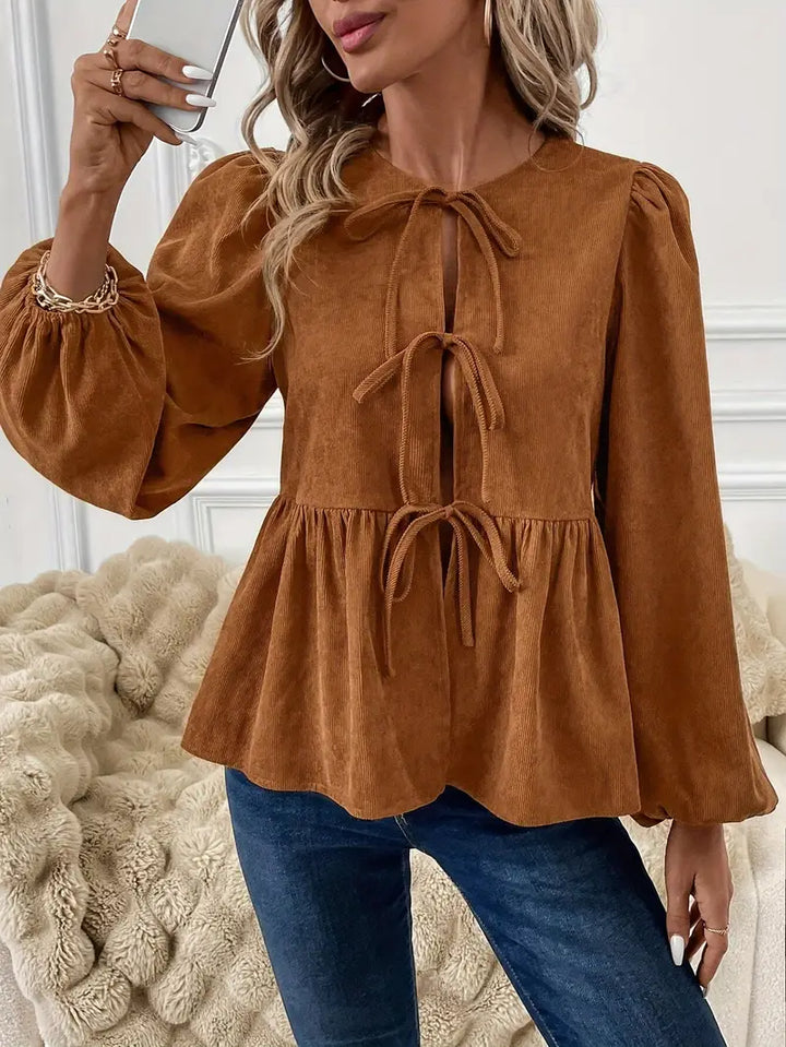 Gianna - Elegant Autumn Blouse in Chic Brown with Tunnel Cord and Puff Sleeves for a Timeless Look