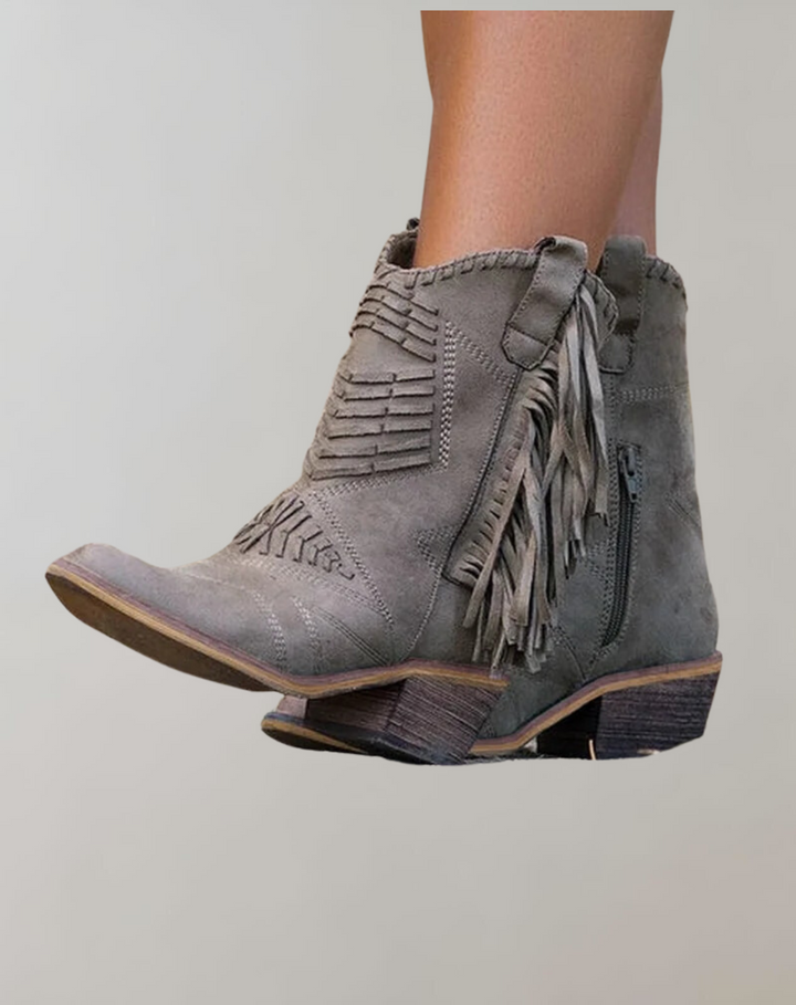 Selene - Retro Suede Zipper Boots with Playful Fringes