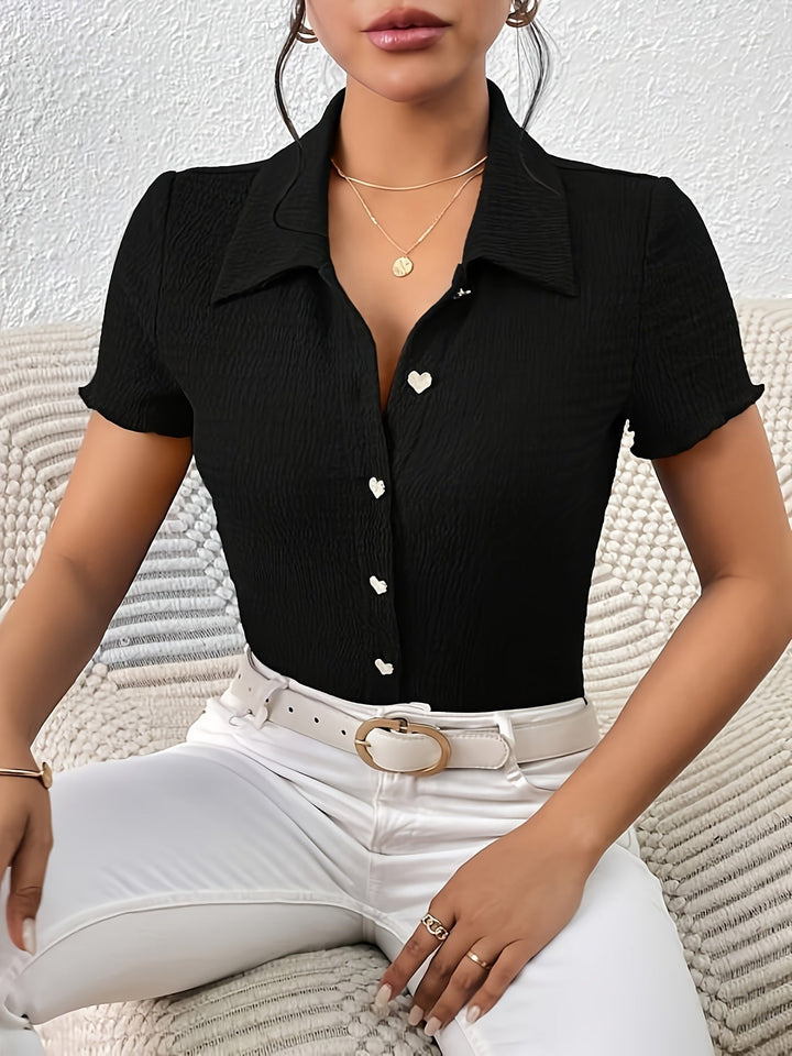 Maya - Stylish Black Blouse with Cute Heart-shaped Buttons for Women