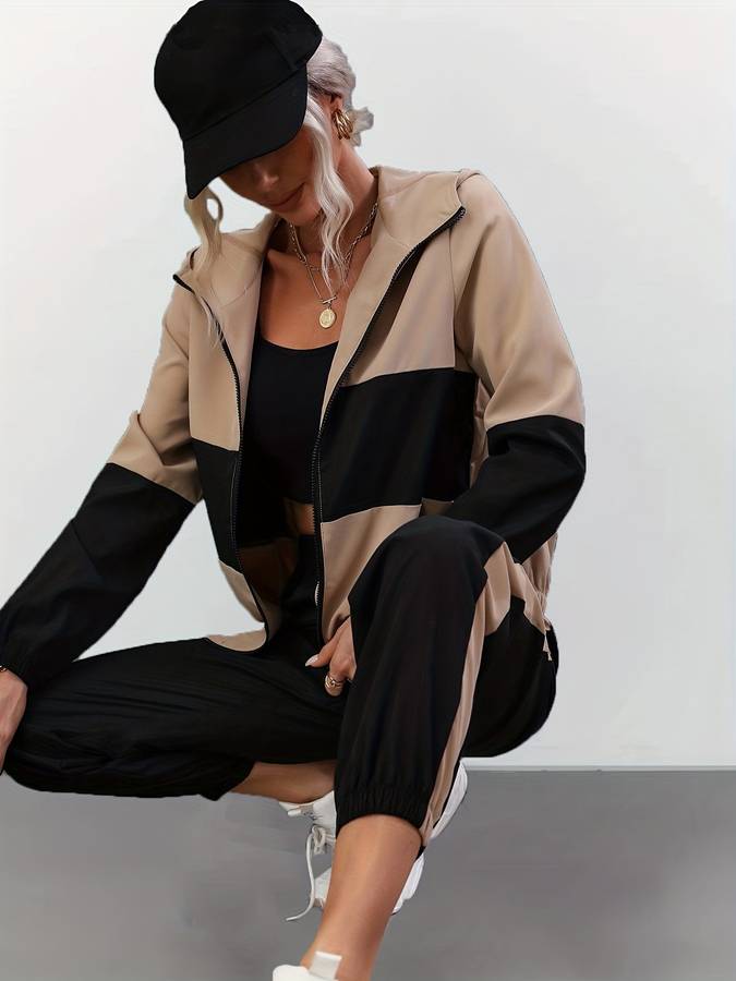 Sandra - Stylish Black Zip Up Two-piece Set for Women