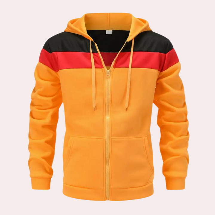 Stylish orange hoodie with colour blocks for men