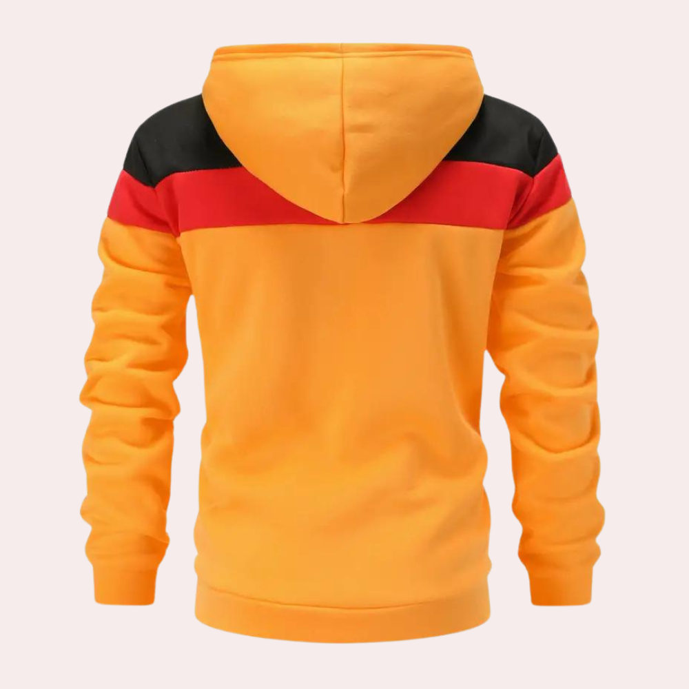Stylish orange hoodie with colour blocks for men