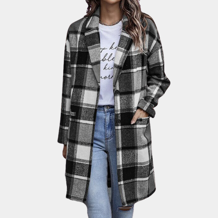 Women's long checked jacket for a stylish and trendy look