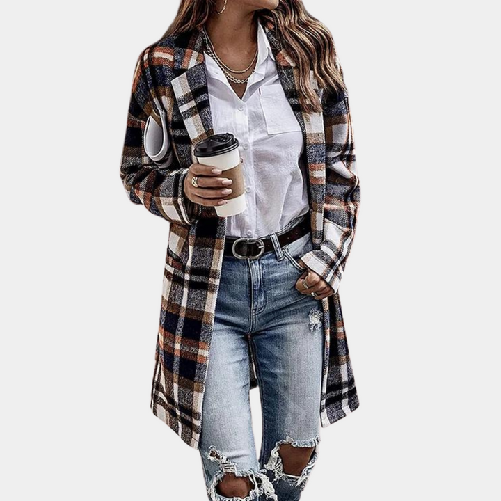 Women's long checked jacket for a stylish and trendy look
