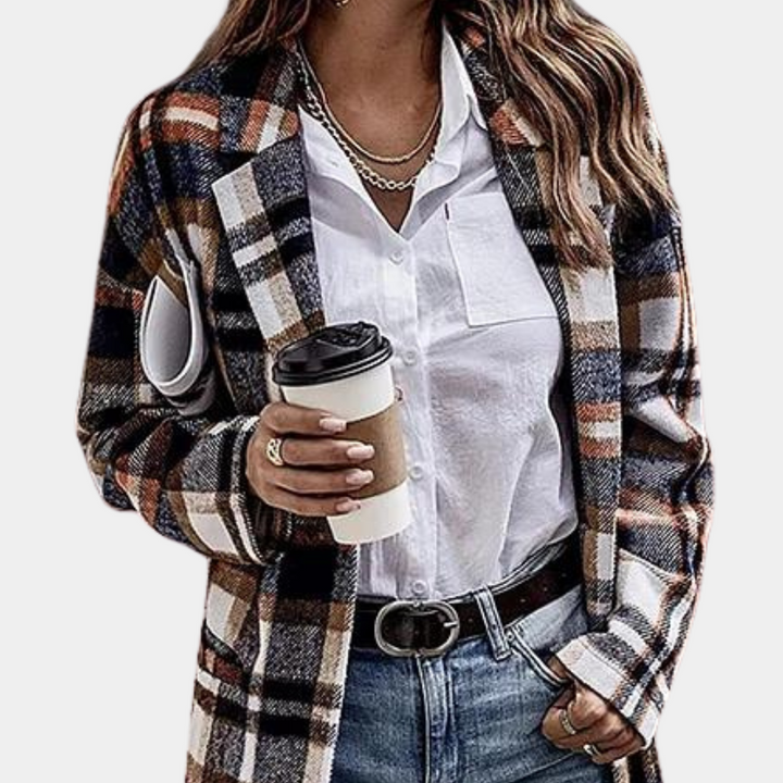 Women's long checked jacket for a stylish and trendy look