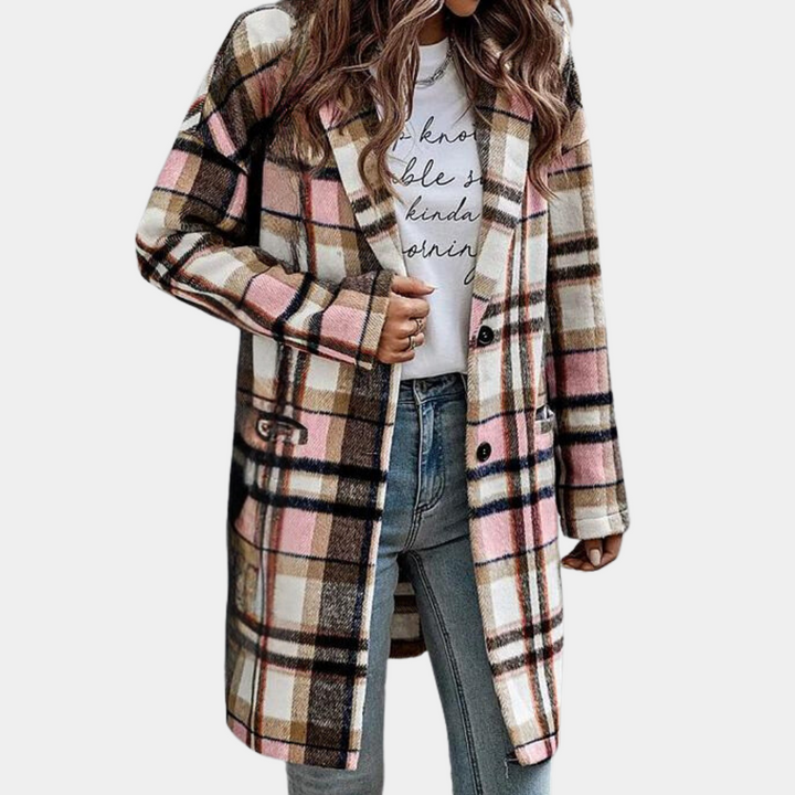 Women's long checked jacket for a stylish and trendy look