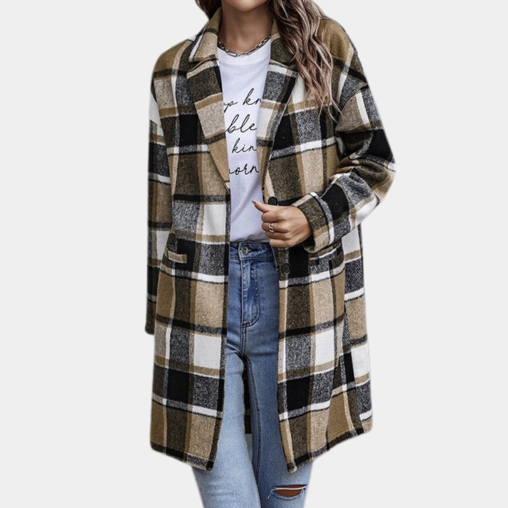 Women's long checked jacket for a stylish and trendy look