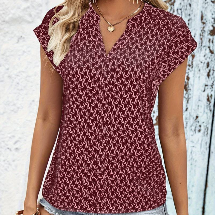 Bernice - Trendy V-neck T-shirt with Stylish Geometric Motif and Short Sleeves