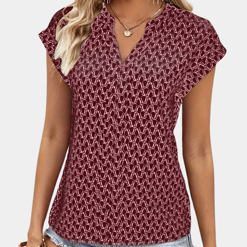 Bernice - Trendy V-neck T-shirt with Stylish Geometric Motif and Short Sleeves