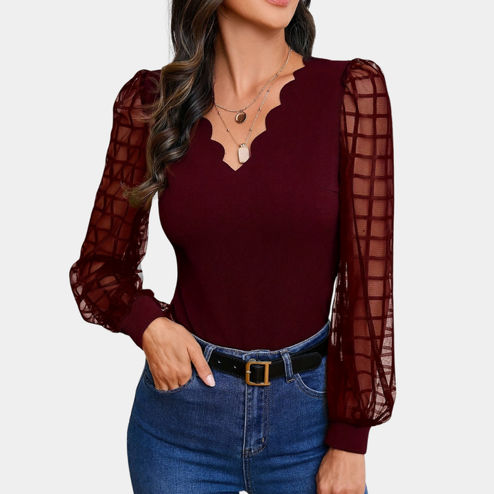 Ronja - Stylish V-neck top with trendy scalloped details