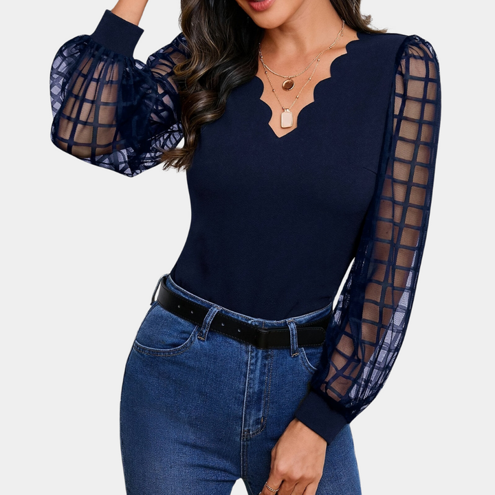 Ronja - Stylish V-neck top with trendy scalloped details