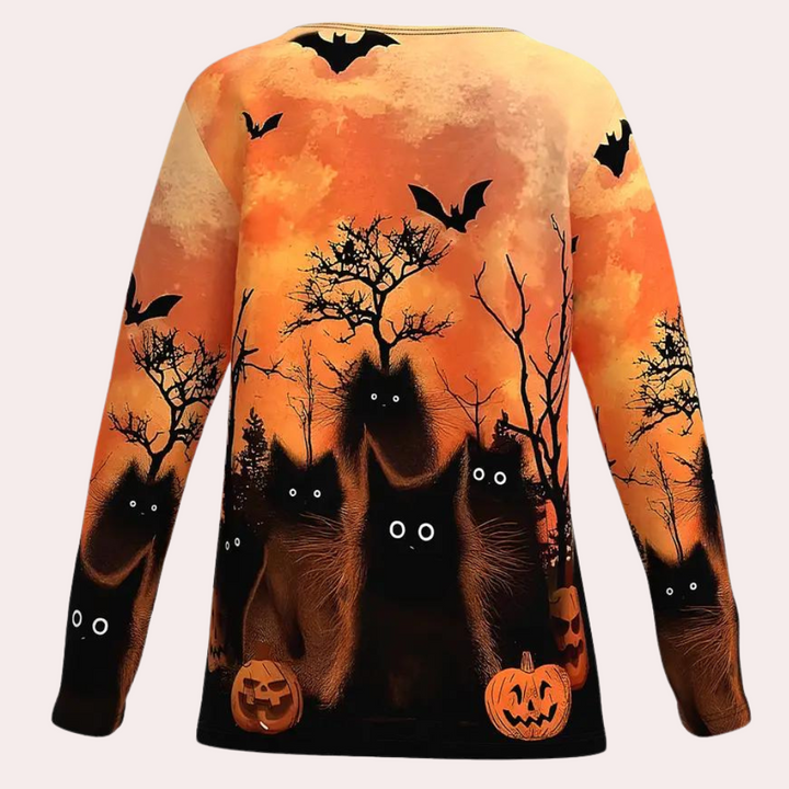 Rella - Feminine T-shirt with a Playful Halloween Cat Print