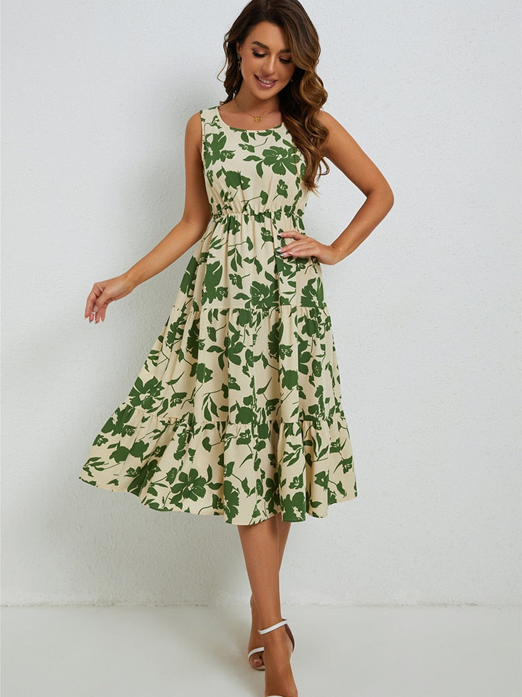 Airene - Elegant Midi Dress with Floral Pattern