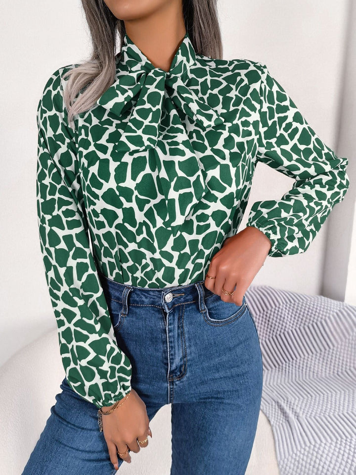 Millie - Elegant Green and White Blouse with Chic Bow for Women