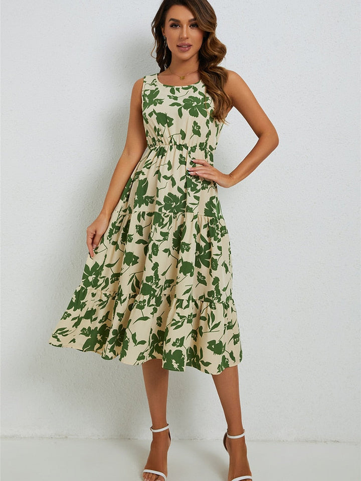 Airene - Elegant Midi Dress with Floral Pattern