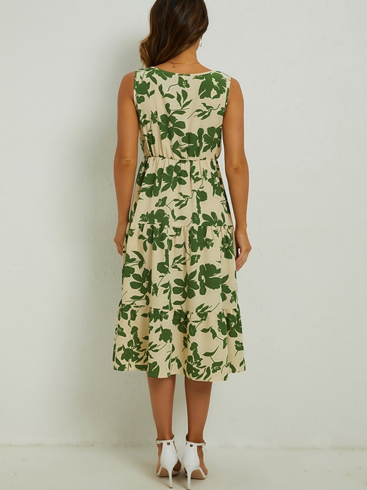 Airene - Elegant Midi Dress with Floral Pattern