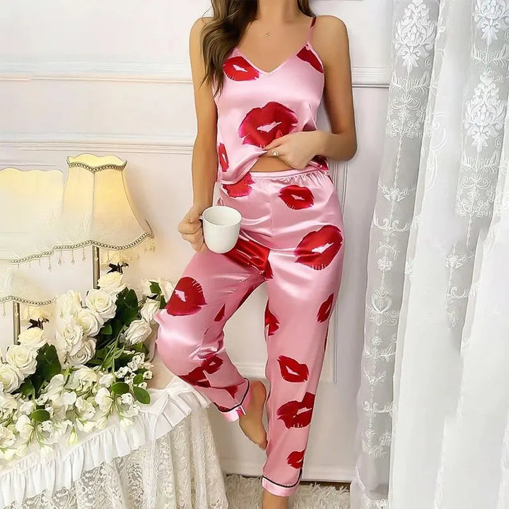 Rhea - Luxury Satin Pyjamas Set with Lip Print for Women