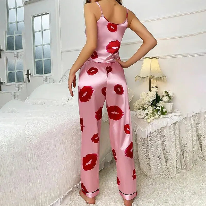 Rhea - Luxury Satin Pyjamas Set with Lip Print for Women