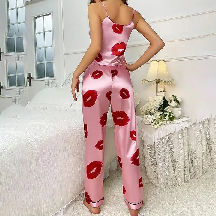 Rhea - Luxury Satin Pyjamas Set with Lip Print for Women