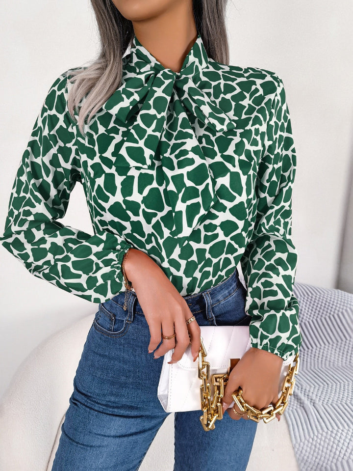 Millie - Elegant Green and White Blouse with Chic Bow for Women