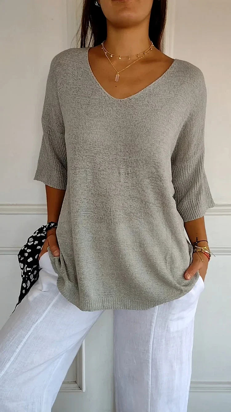 Mia™ - Cozy Top with Knitted V-Neck