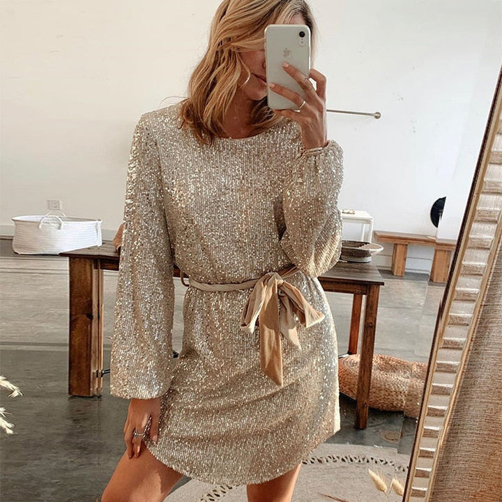 Owlke - Radiant Glitter Dress with Elegant Belt