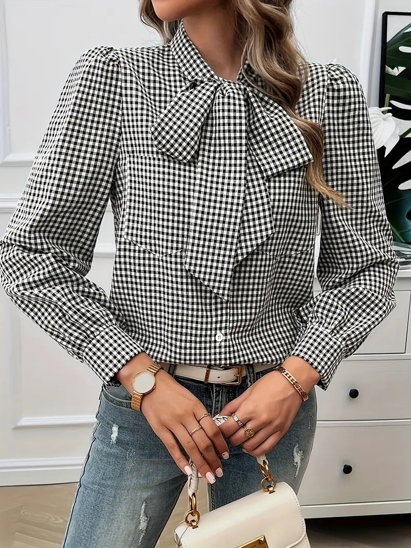 Aurora - Elegant Autumn Blouse with Classic Plaid Pattern and Bow for Women