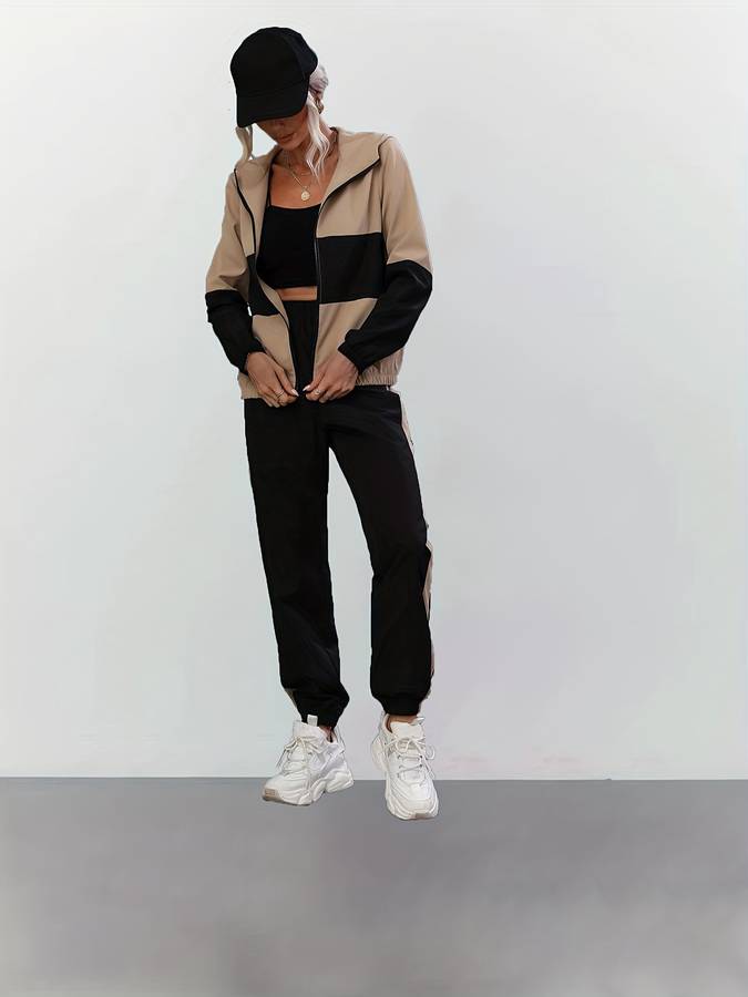 Sandra - Stylish Black Zip Up Two-piece Set for Women