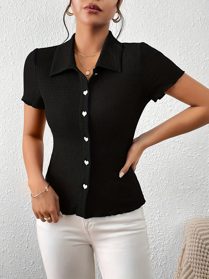 Maya - Stylish Black Blouse with Cute Heart-shaped Buttons for Women