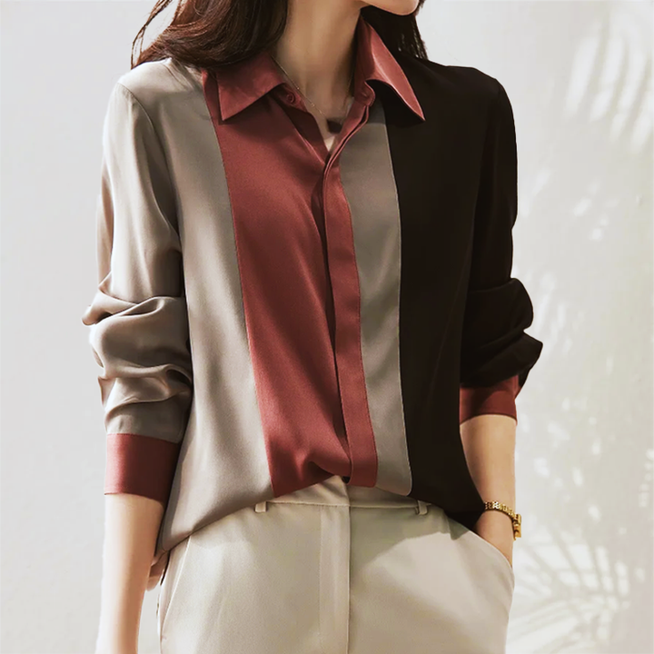 Cora - Beautiful Satin Blouse with Elegant Autumn Patchwork and Stripes for Women
