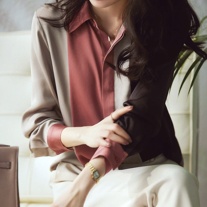 Cora - Beautiful Satin Blouse with Elegant Autumn Patchwork and Stripes for Women