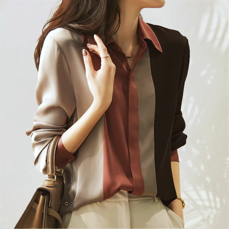 Cora - Beautiful Satin Blouse with Elegant Autumn Patchwork and Stripes for Women