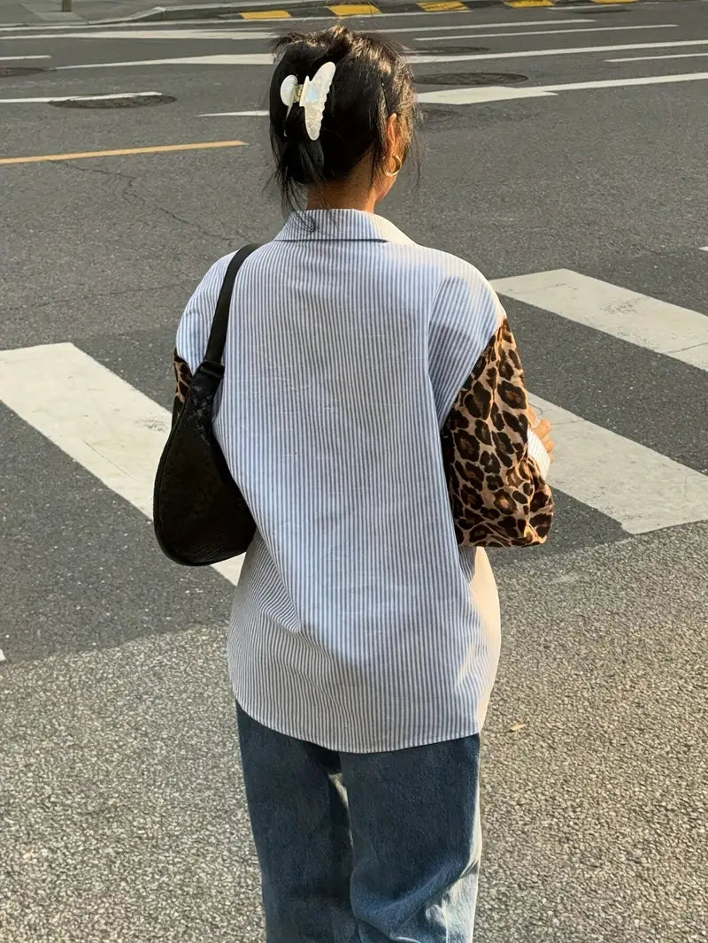 Emily - Elegant Blouse in Autumn Hue with Leopard Patchwork for Women