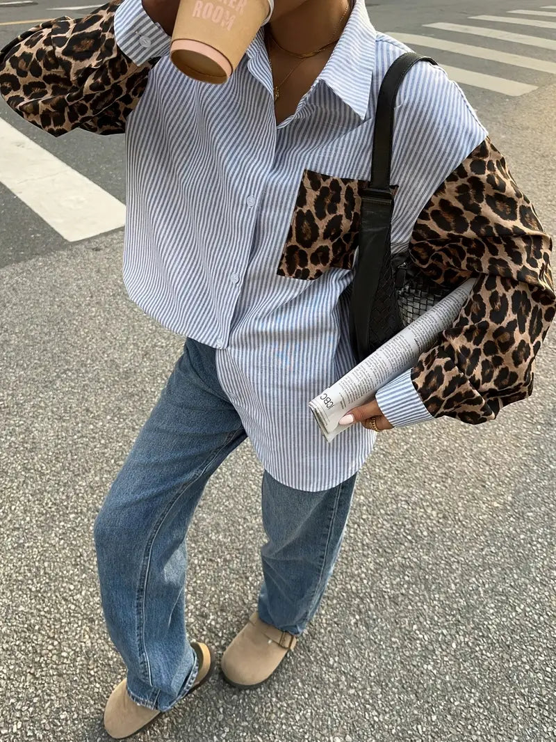 Emily - Elegant Blouse in Autumn Hue with Leopard Patchwork for Women