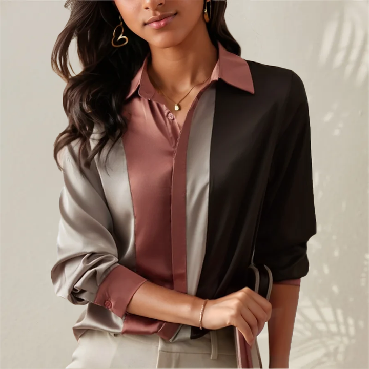Cora - Beautiful Satin Blouse with Elegant Autumn Patchwork and Stripes for Women